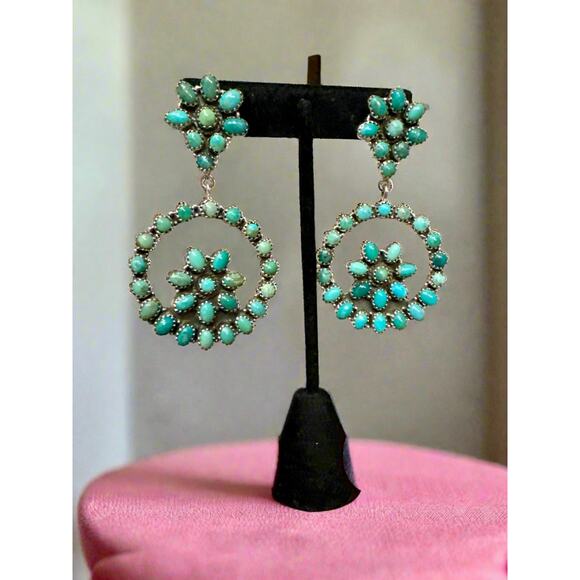 STUNNING!!! 2.5” Green Turquoise Dangle Round Earrings - Picture 2 of 3
